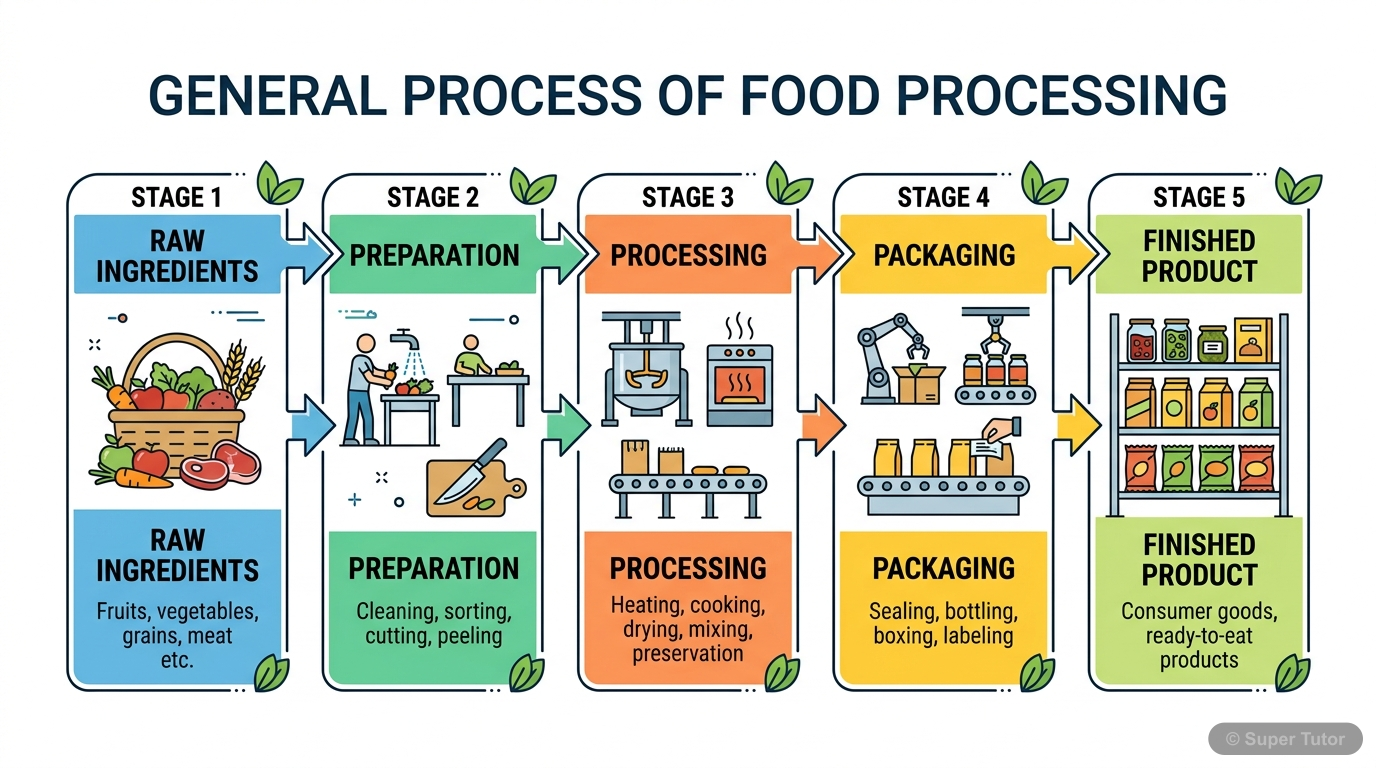 A flowchart illustrating the general steps involved in food processing, from raw ingredients to finished products, highlighting key transformations.