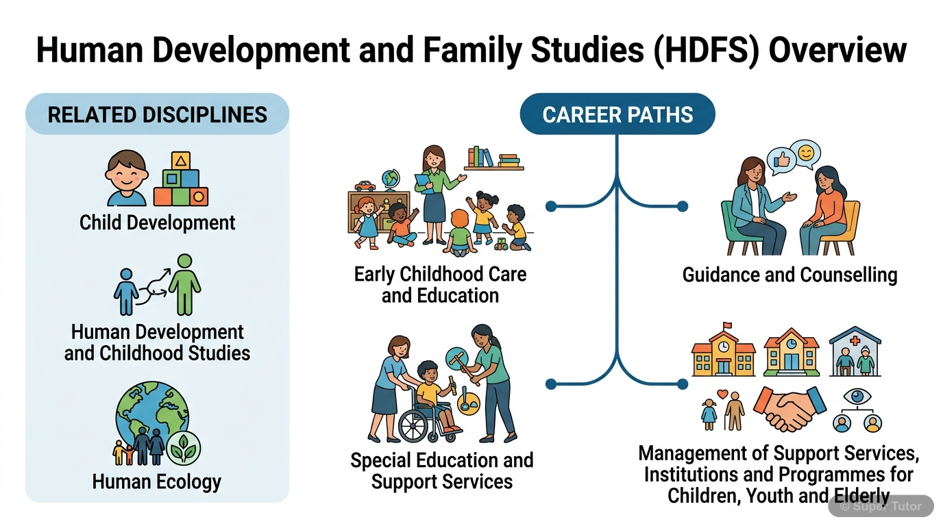 Human Development and Family Studies (HDFS) Overview An infographic illustrating the scope of Human Development and Family Studies (HDFS), showing its various sub-disciplines like Child Development, Human Development and Childhood Studies, Human Ecology