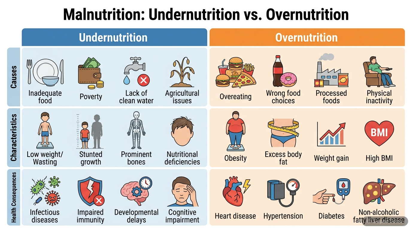 Types of Malnutrition: Undernutrition vs. Overnutrition A comparison chart highlighting the causes, characteristics, and health consequences of undernutrition and overnutrition, including examples relevant to India.