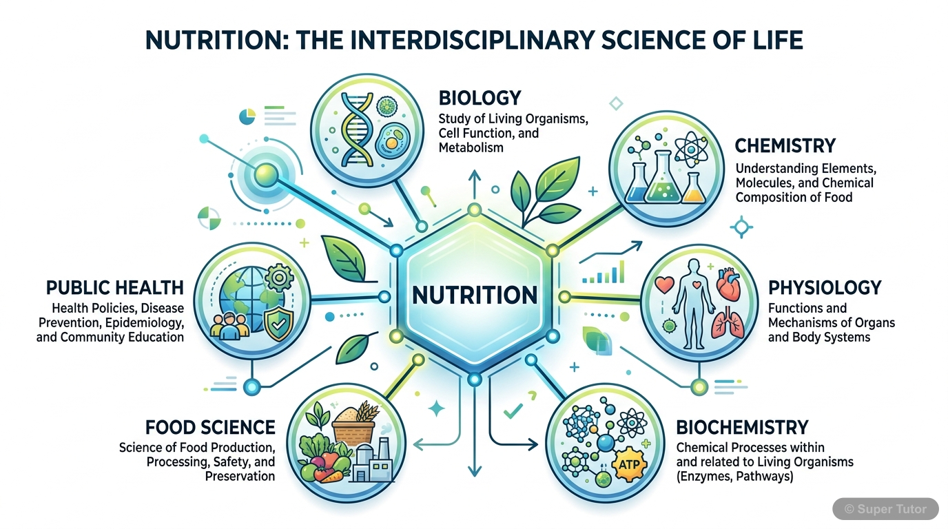 An infographic illustrating how nutrition is a broad domain consisting of several distinct yet interrelated sciences, such as biology, chemistry, physiology, biochemistry, food science, and public hea