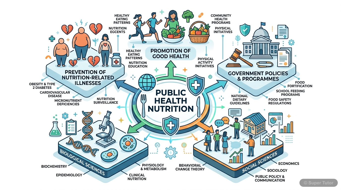 Scope of Public Health Nutrition An infographic illustrating the broad scope of public health nutrition, showing its multidisciplinary nature and the various areas it addresses, from prevention to policy.