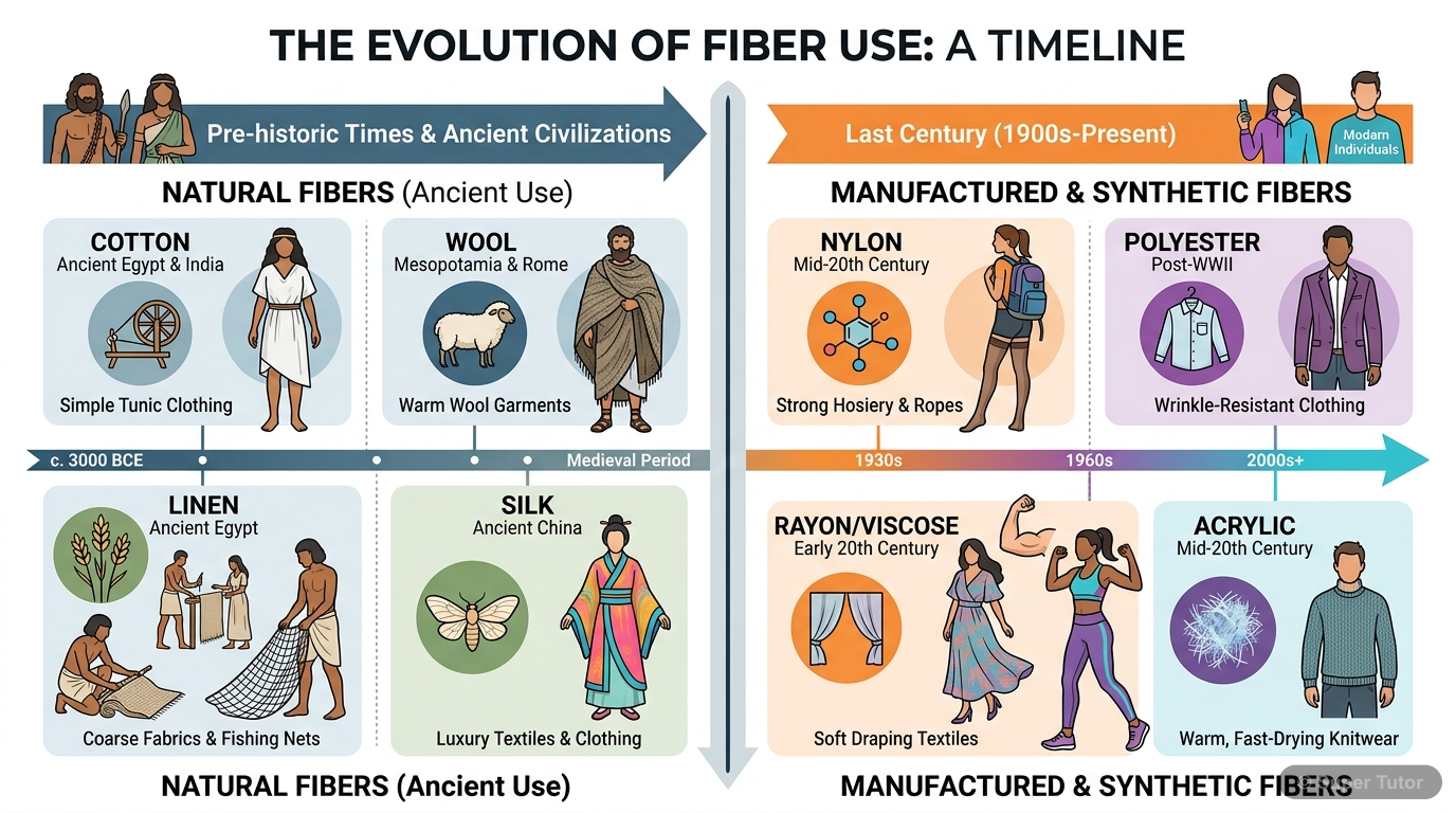 A timeline showing the historical use of natural fibers (cotton, wool, linen, silk) from prehistoric times, followed by the introduction of manufactured and synthetic fibers in the last century.