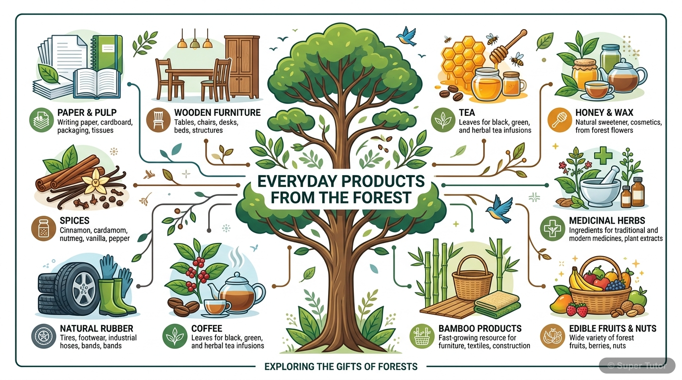 An infographic showing various everyday items that originate from forests, highlighting the diverse utility of forest resources.