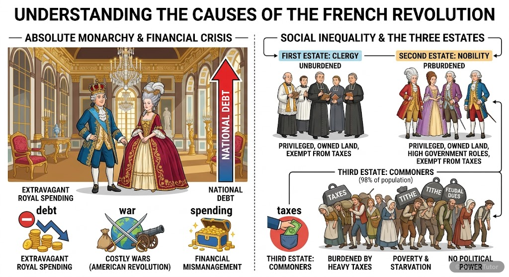 An infographic illustrating the main causes of the French Revolution, including the empty treasury, extravagant court, American War debt, high interest rates, and the unequal tax system of the three e