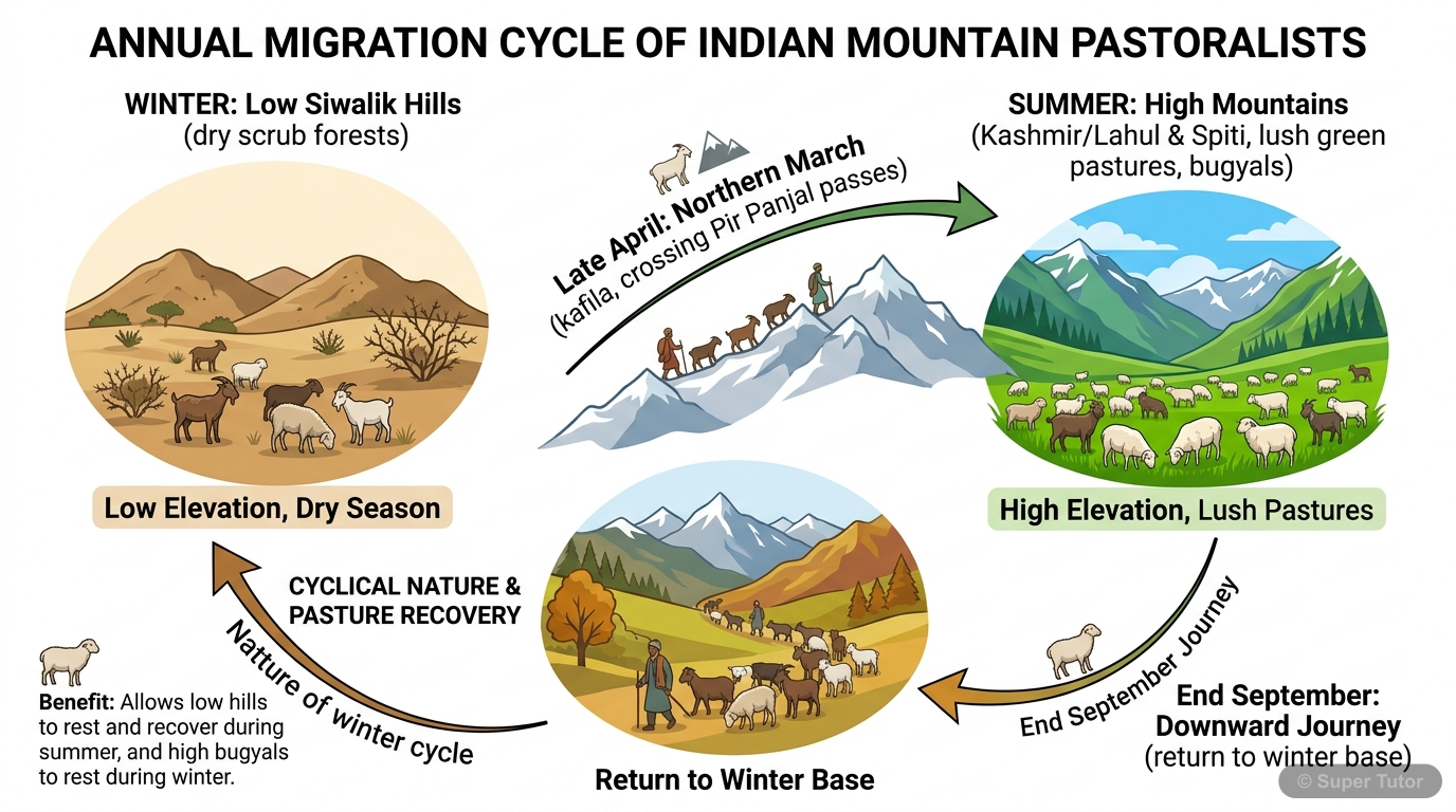 A flowchart illustrating the annual seasonal migration patterns of mountain pastoral communities in India, such as Gujjar Bakarwals and Gaddis, between winter grazing grounds in the low Siwalik hills 