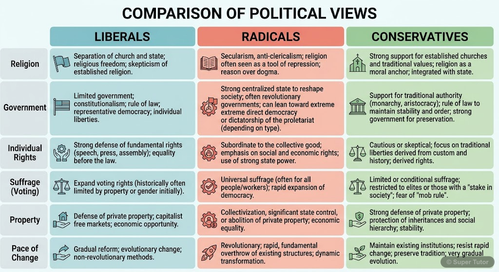 19th Century Political Ideologies: Liberals, Radicals, and Conservatives A comparison chart outlining the key beliefs and characteristics of Liberals, Radicals, and Conservatives in 19th-century Europe, focusing on their views on religion, government, individual rights, pr