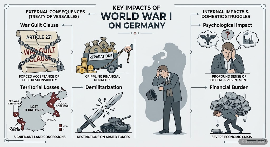 Impact of World War I on Germany An infographic detailing the devastating psychological, financial, and political impact of World War I on Germany, leading to the rise of the Weimar Republic and subsequent instability.