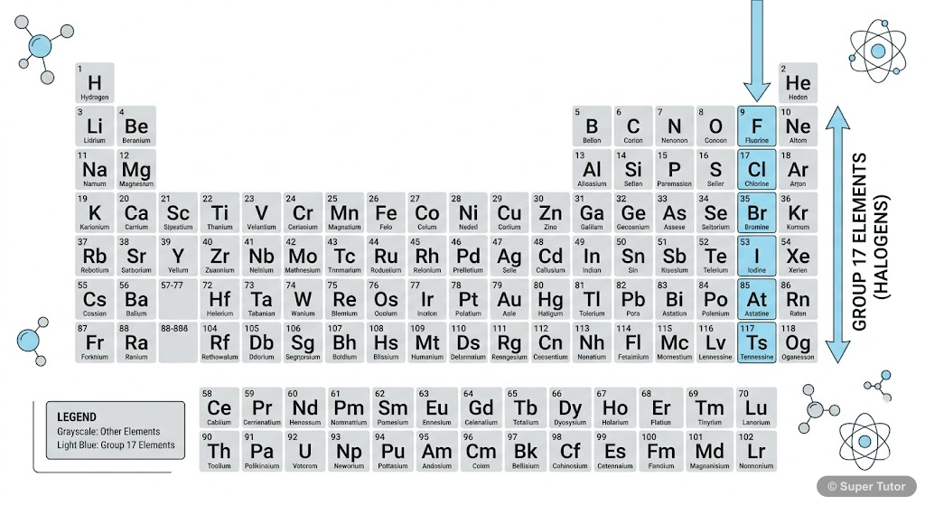 A section of the periodic table highlighting Group 17 (Halogen Family) elements: Fluorine (F), Chlorine (Cl), Bromine (Br), Iodine (I), and Astatine (At).