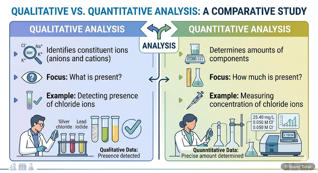 A comparison chart distinguishing between qualitative analysis (identifying constituents) and quantitative analysis (determining amounts of constituents) in chemistry.