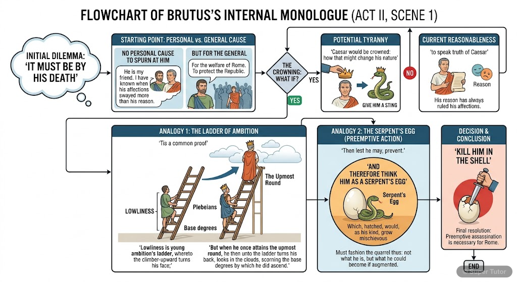 Brutus's Moral Dilemma Flowchart (Act II, Scene 1) A flowchart illustrating Brutus's internal conflict and reasoning for joining the conspiracy against Caesar, as presented in his soliloquy. It should show his initial lack of personal cause, his fear