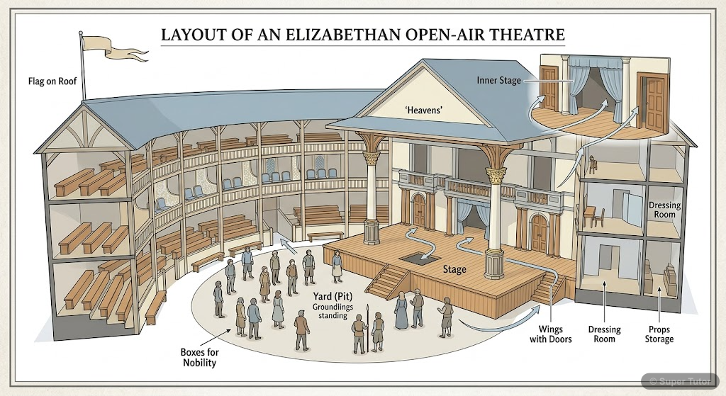 A labeled diagram showing the key parts of an Elizabethan open-air theatre, including the stage, yard (pit), gallery, inner stage, and boxes for nobility.
