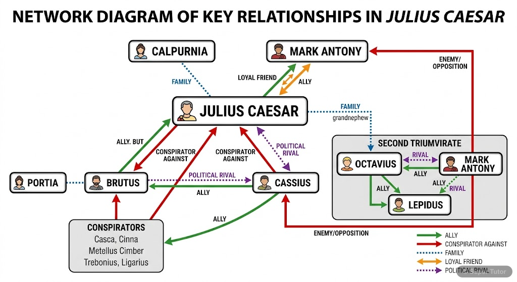 Key Character Relationships in Julius Caesar A diagram illustrating the relationships between major characters in Julius Caesar, highlighting alliances, conflicts, and familial ties.