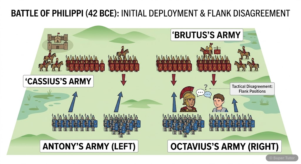 Initial Battle Positions at Philippi A diagram showing the initial troop deployments of Octavius/Antony and Brutus/Cassius at the Battle of Philippi, highlighting their strategic decisions and disagreements.