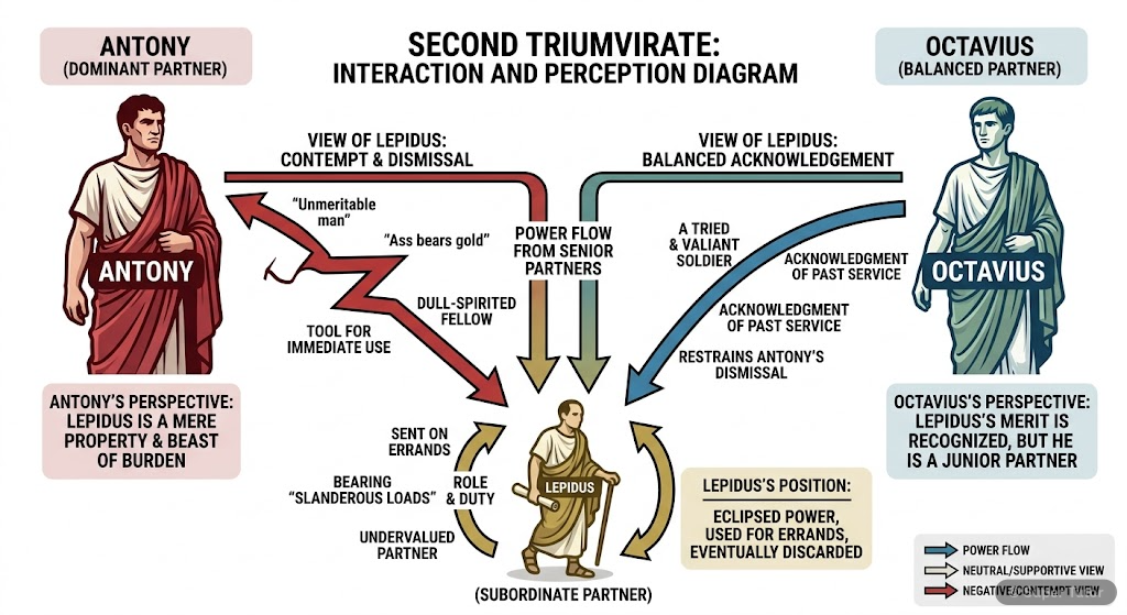 Antony, Octavius, and Lepidus: Triumvirate Power Dynamics A diagram illustrating the power dynamics and relationships between Antony, Octavius, and Lepidus in Act IV, Scene 1, highlighting Antony's dismissal of Lepidus and Octavius's more measured view.