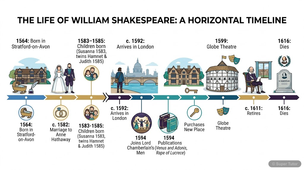 William Shakespeare's Life Timeline A timeline highlighting key events in William Shakespeare's life, including birth, marriage, children, career milestones, theatre company involvement, property acquisition, and death.