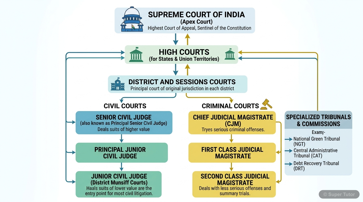 A diagram illustrating the hierarchical structure of the Indian judicial system, from the Supreme Court down to subordinate courts and tribunals.