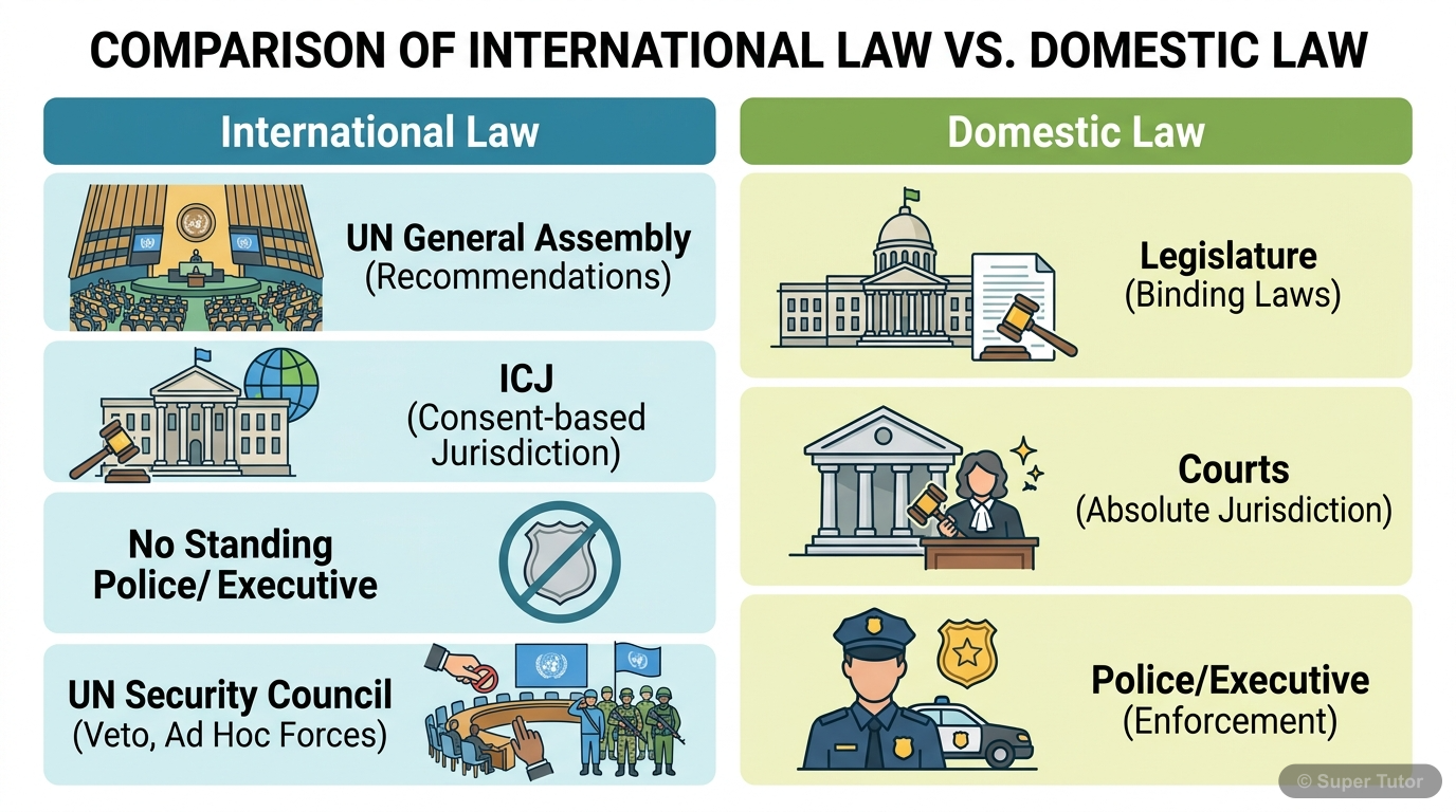 A comparison chart highlighting the key differences between international law and domestic (municipal) law, focusing on legislative power, jurisdiction, enforcement, and executive authority.