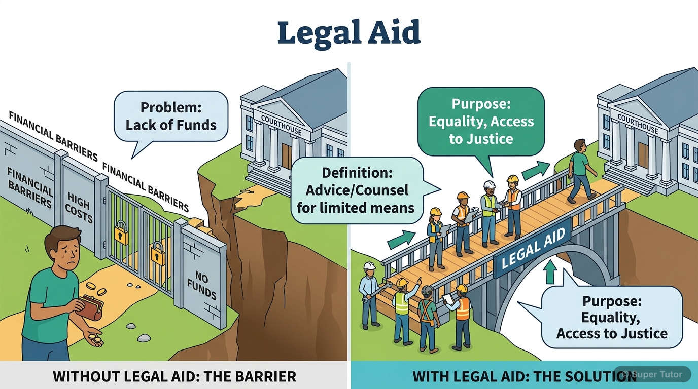 An infographic defining Legal Aid, its core purpose (equality, access to justice), and the problem it addresses (lack of funds for legal help).