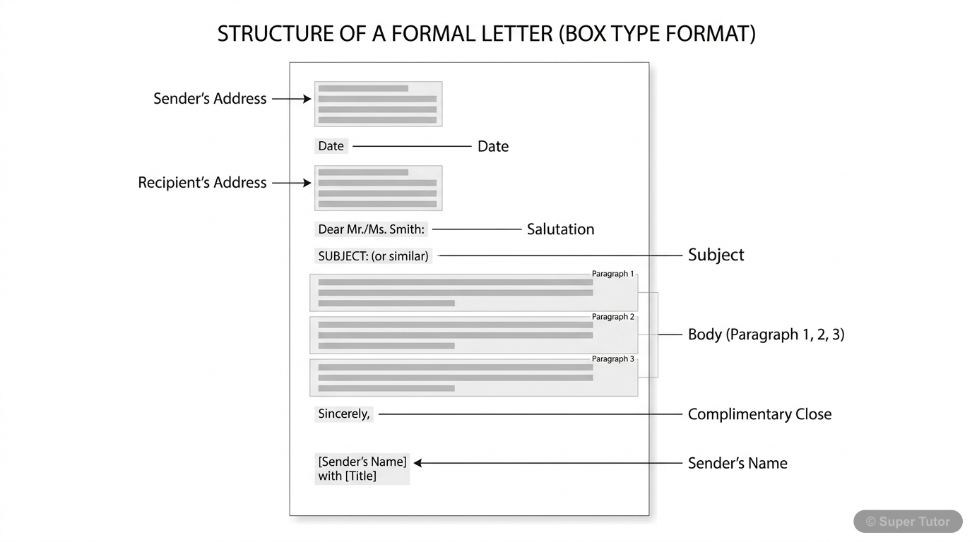 A labeled diagram illustrating the 'Box Type' format of a formal letter, showing the placement of sender's address, date, recipient's address, salutation, subject, body, complimentary close, and sende