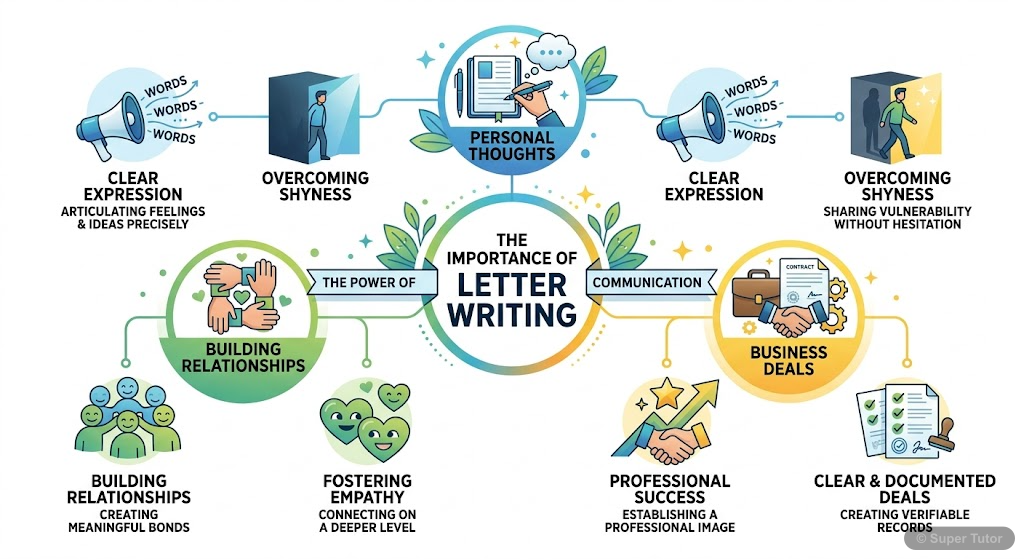 An infographic highlighting the various reasons why letter writing is important in personal, professional, and business contexts, emphasizing its role in expressing thoughts and overcoming hesitation.