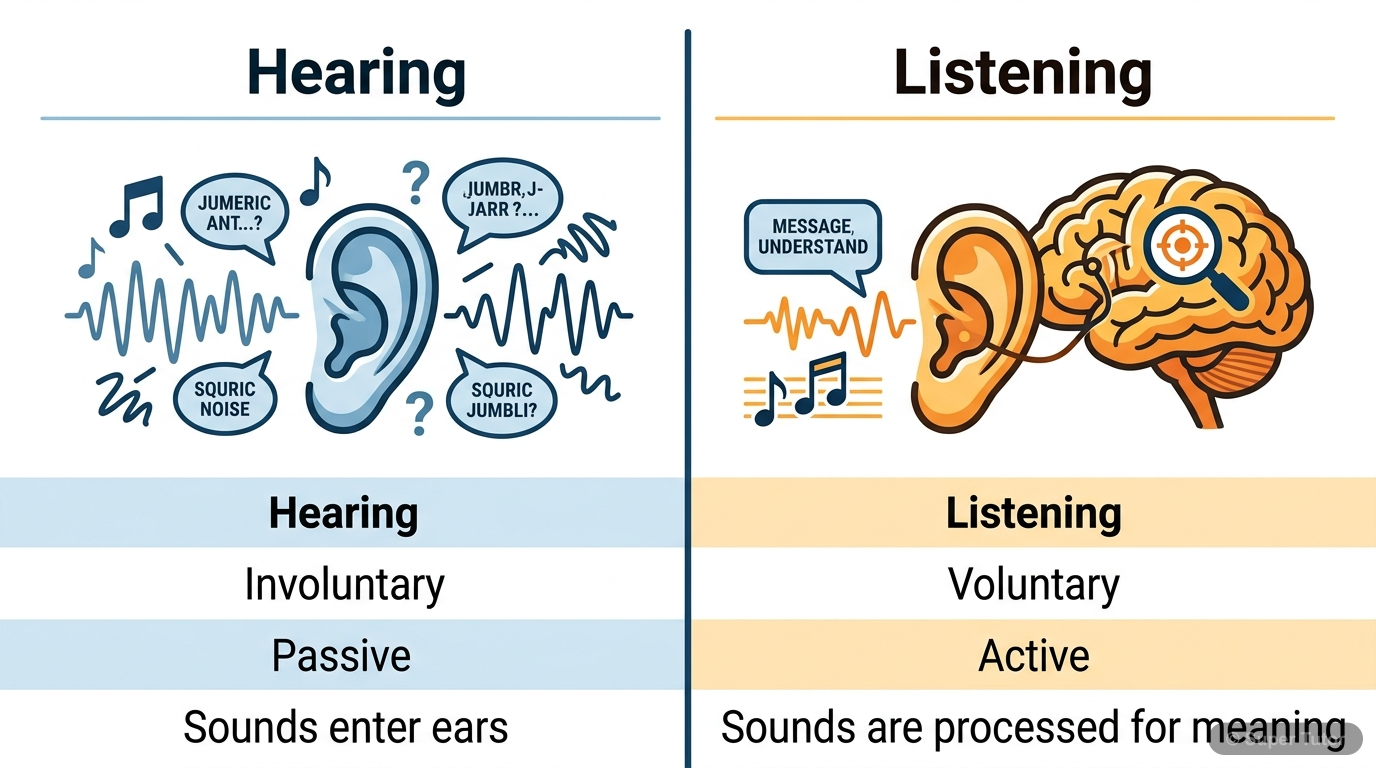 Hearing vs. Listening A comparison chart illustrating the key differences between hearing (involuntary, passive) and listening (voluntary, active, focused).
