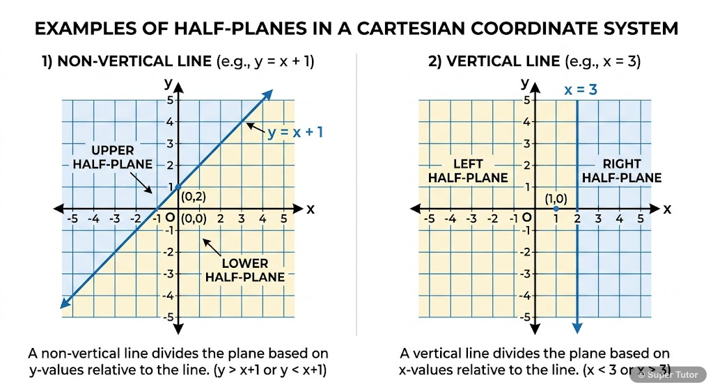 Cartesian Plane Divided by a Line (Half-Planes) A labeled diagram illustrating how a straight line divides the Cartesian plane into two distinct half-planes, showing examples of vertical and non-vertical lines.