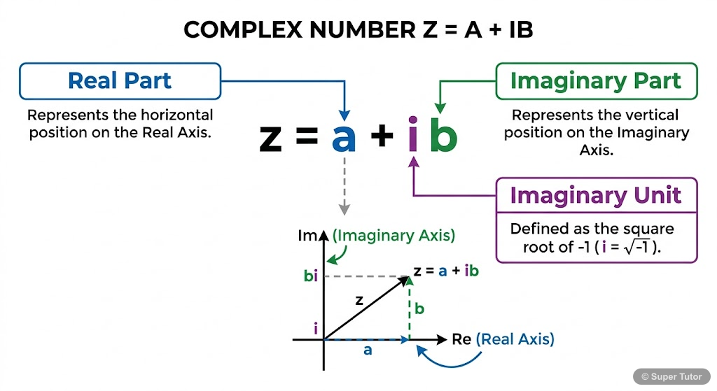 A diagram illustrating the components of a complex number z = a + ib, clearly labeling the real part 'a', the imaginary part 'b', and the imaginary unit 'i'.