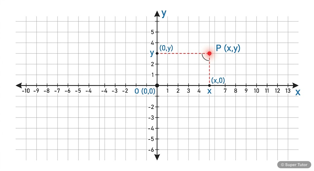 A labeled diagram showing the x-axis, y-axis, origin, and a point (x, y) in the first quadrant, illustrating the basic setup of a Cartesian coordinate system.
