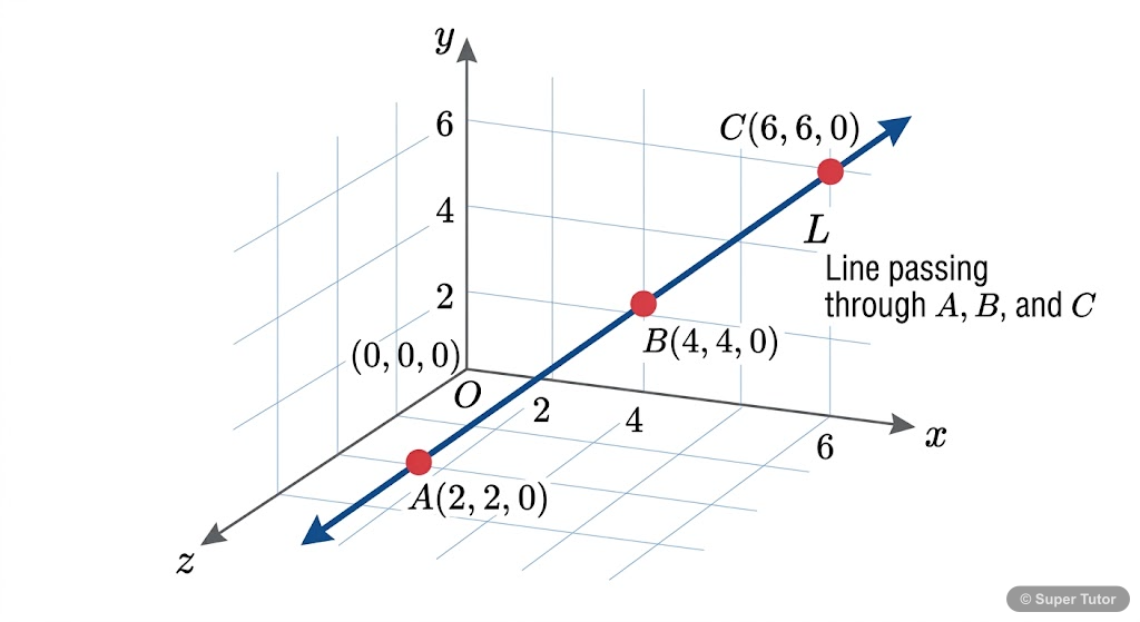 A 3D diagram showing three points A, B, and C that lie on the same straight line, illustrating the concept of collinearity.