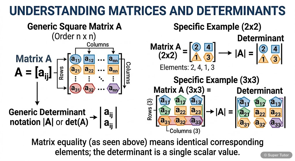 A visual representation defining a determinant as a scalar value associated with a square matrix, showing its notation and basic structure.