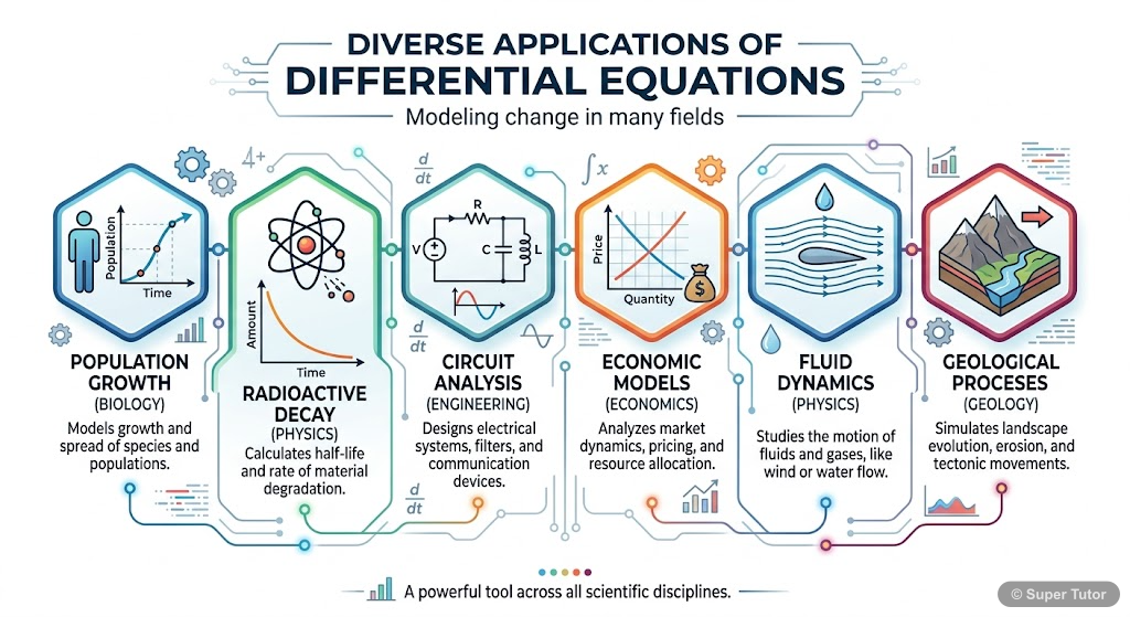 An infographic illustrating various real-world applications of differential equations in fields like physics, engineering, biology, economics, and geology.