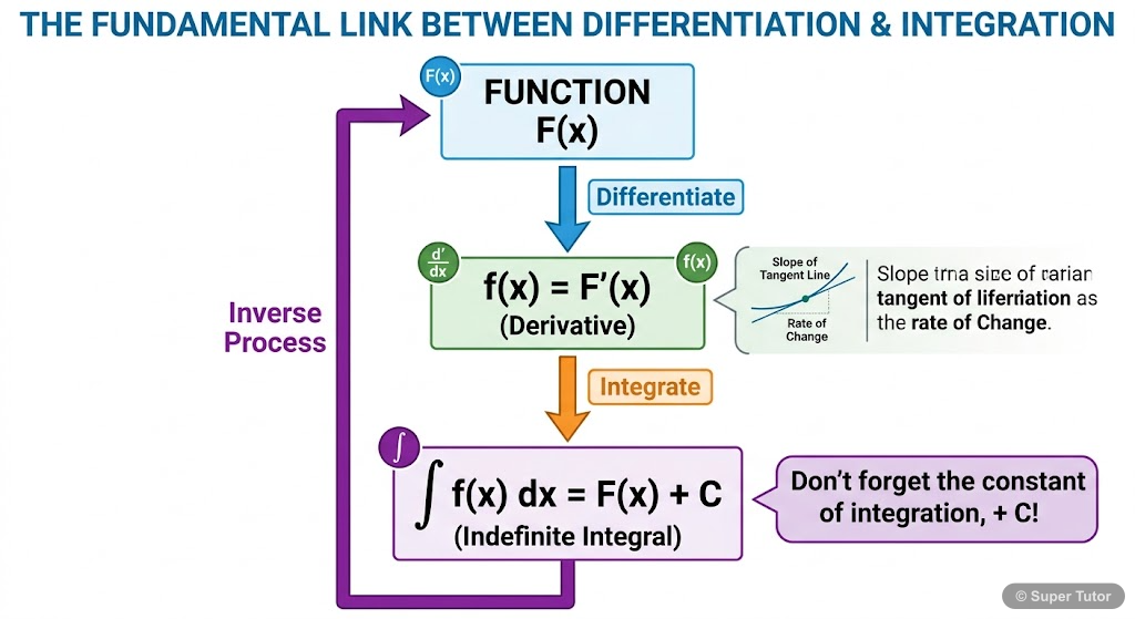 A flowchart illustrating the inverse relationship between differentiation and integration, showing how differentiating a function leads to another function, and integrating that function (with a const