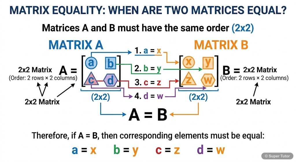 An example illustrating two matrices that are equal, emphasizing that they must have the same order and corresponding elements must be identical.