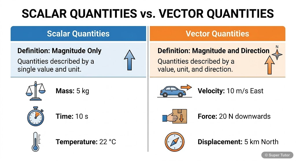 A comparison chart illustrating the key differences between scalar and vector quantities, providing examples for each.