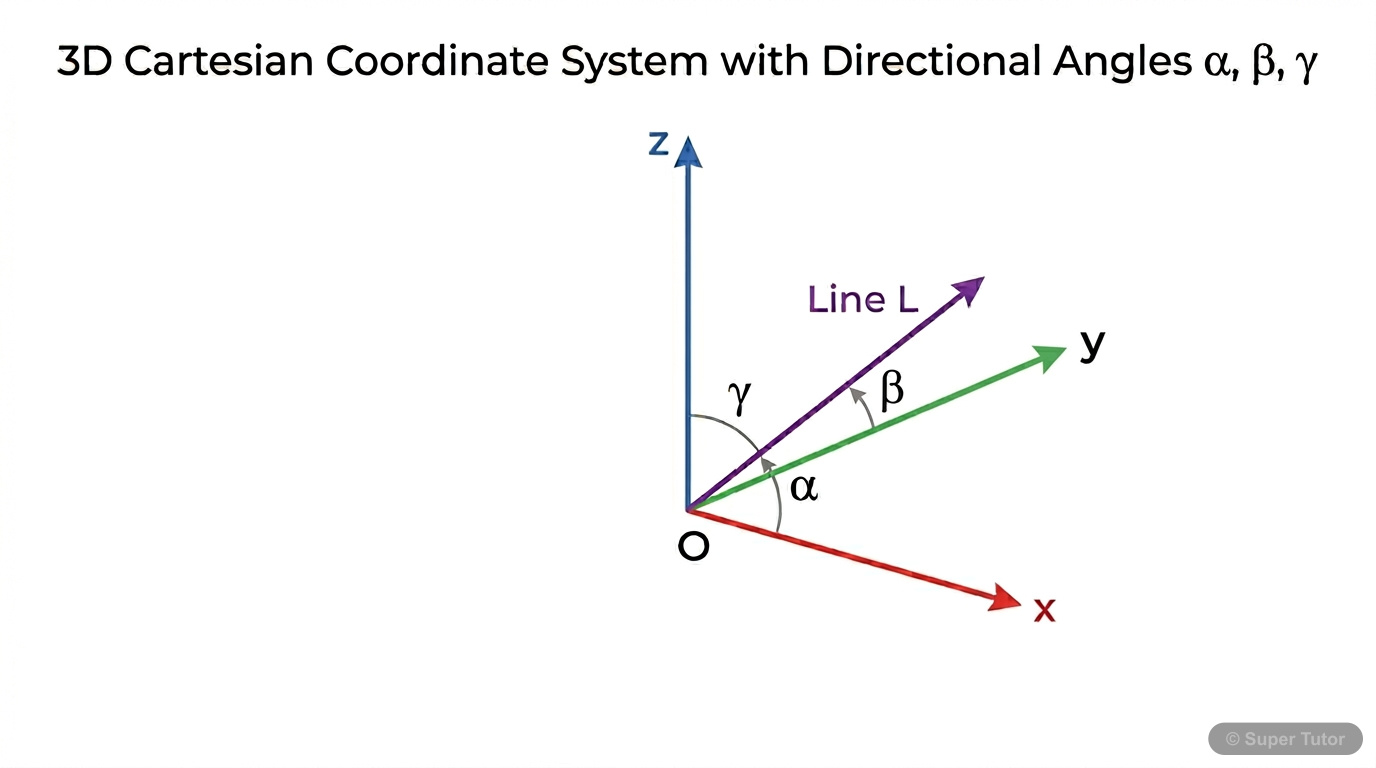 A 3D Cartesian coordinate system showing x, y, and z axes with a directed line L passing through the origin. The angles alpha, beta, and gamma are shown between line L and the positive x, y, and z axe