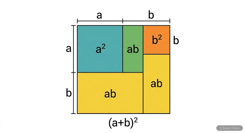 A geometric representation showing how (a+b)² expands to a² + 2ab + b² using areas of squares and rectangles.