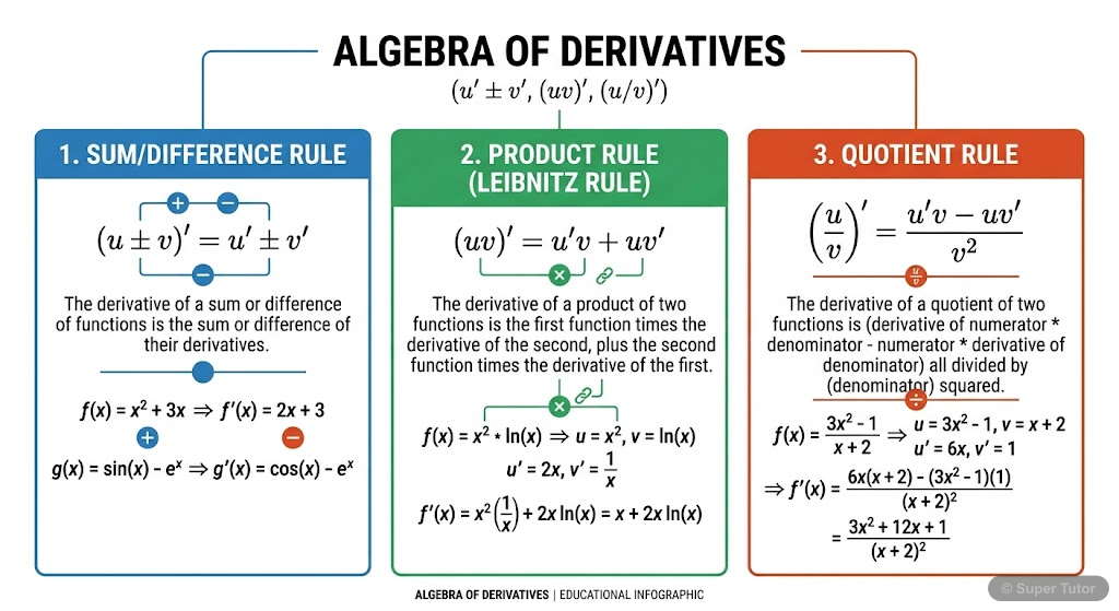 An infographic summarizing the fundamental rules for derivatives of sum, difference, product (Leibnitz rule), and quotient of functions.