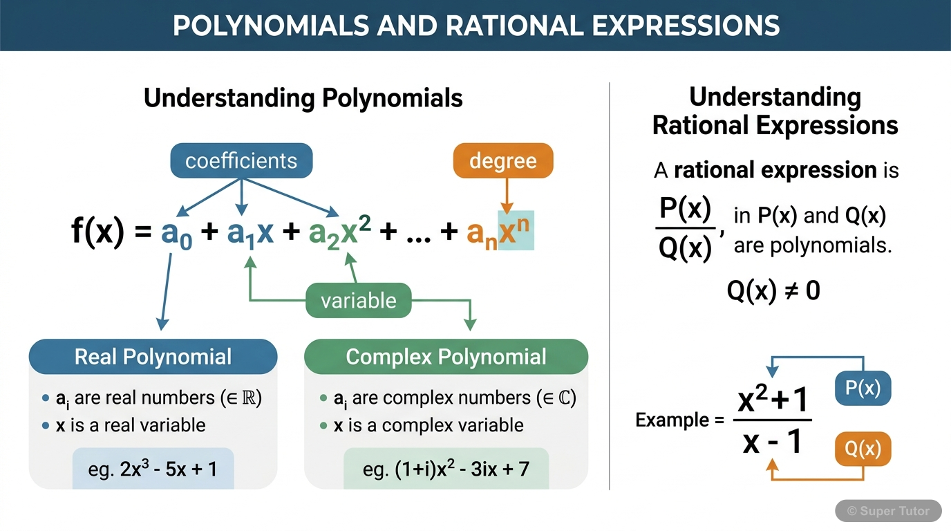 A labeled diagram illustrating the general form of a polynomial, distinguishing between real and complex polynomials by highlighting the nature of coefficients and variables. Also includes the definit