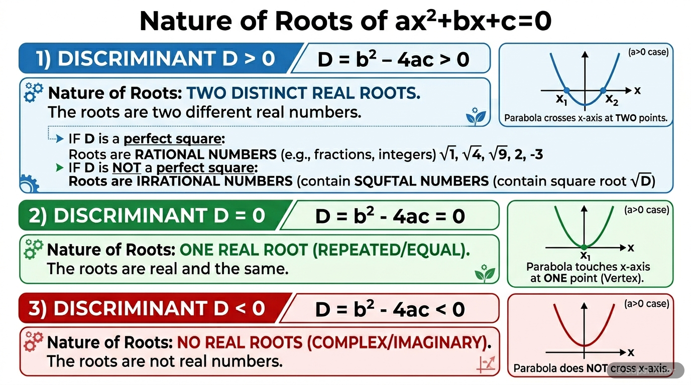 Nature of Roots of Quadratic Equation An infographic explaining how the discriminant (D = b²-4ac) determines the nature of roots for a quadratic equation ax²+bx+c=0 with real coefficients, including graphical interpretations.