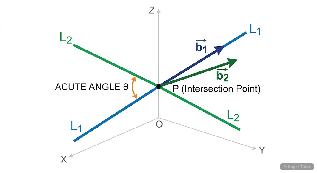 A 3D diagram illustrating two intersecting lines L1 and L2 in space, showing the acute angle θ between them. The direction vectors of the lines should also be indicated.