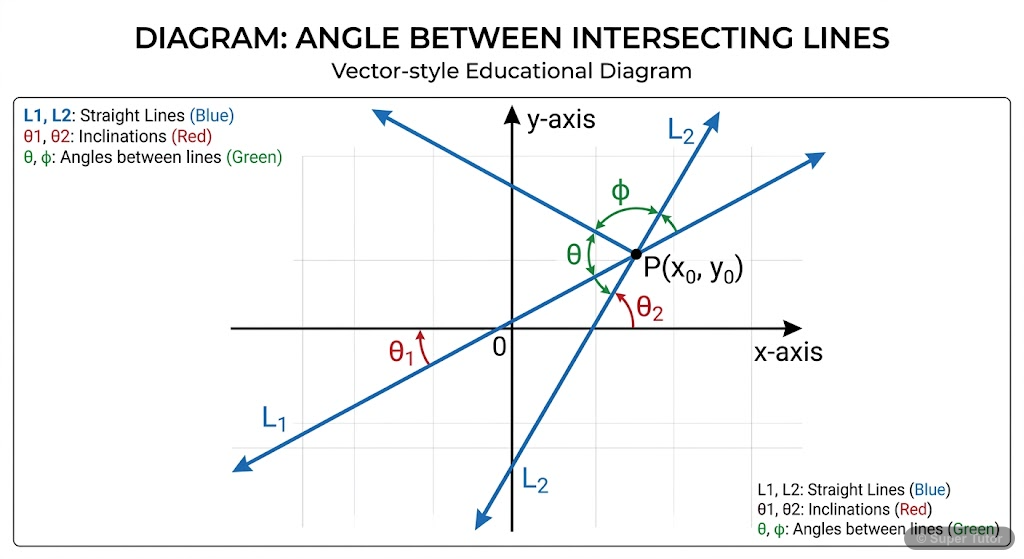 A diagram showing two intersecting lines on a Cartesian plane, illustrating the acute and obtuse angles formed between them, and their respective inclinations with the x-axis.