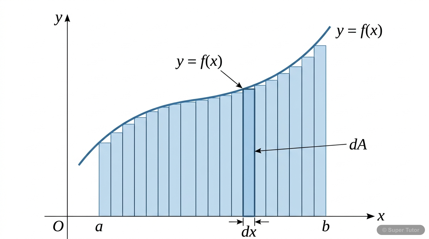 An illustration showing a curve y=f(x) bounded by the x-axis and vertical lines x=a and x=b. The area is approximated by numerous thin vertical rectangular strips, with one representative strip highli