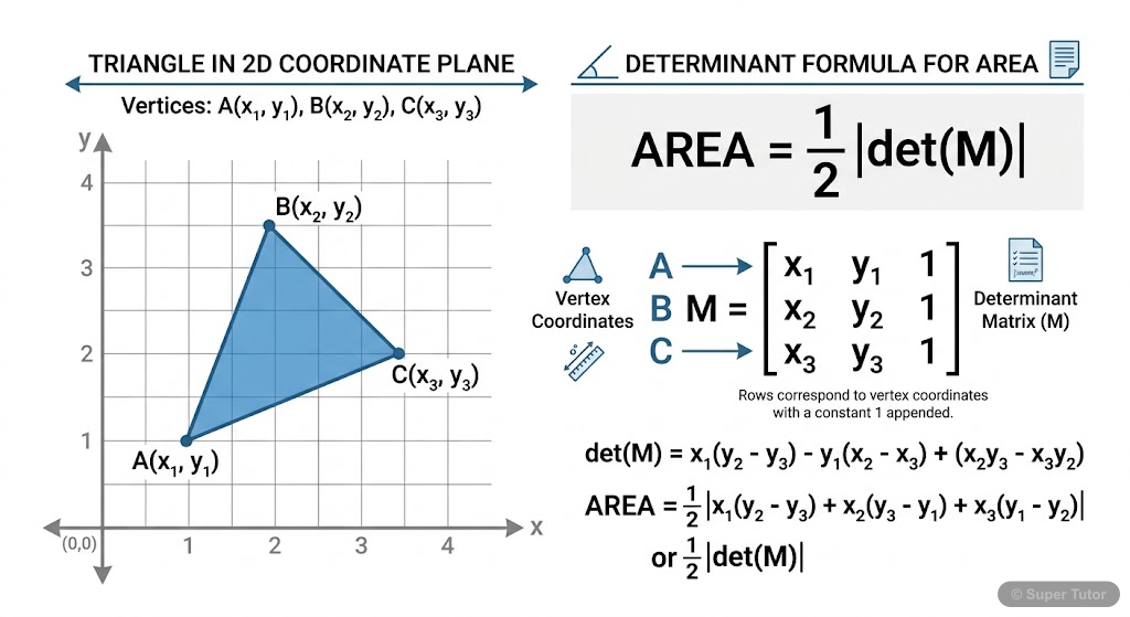An illustration showing a triangle with its vertices labeled, alongside the determinant formula used to calculate its area.