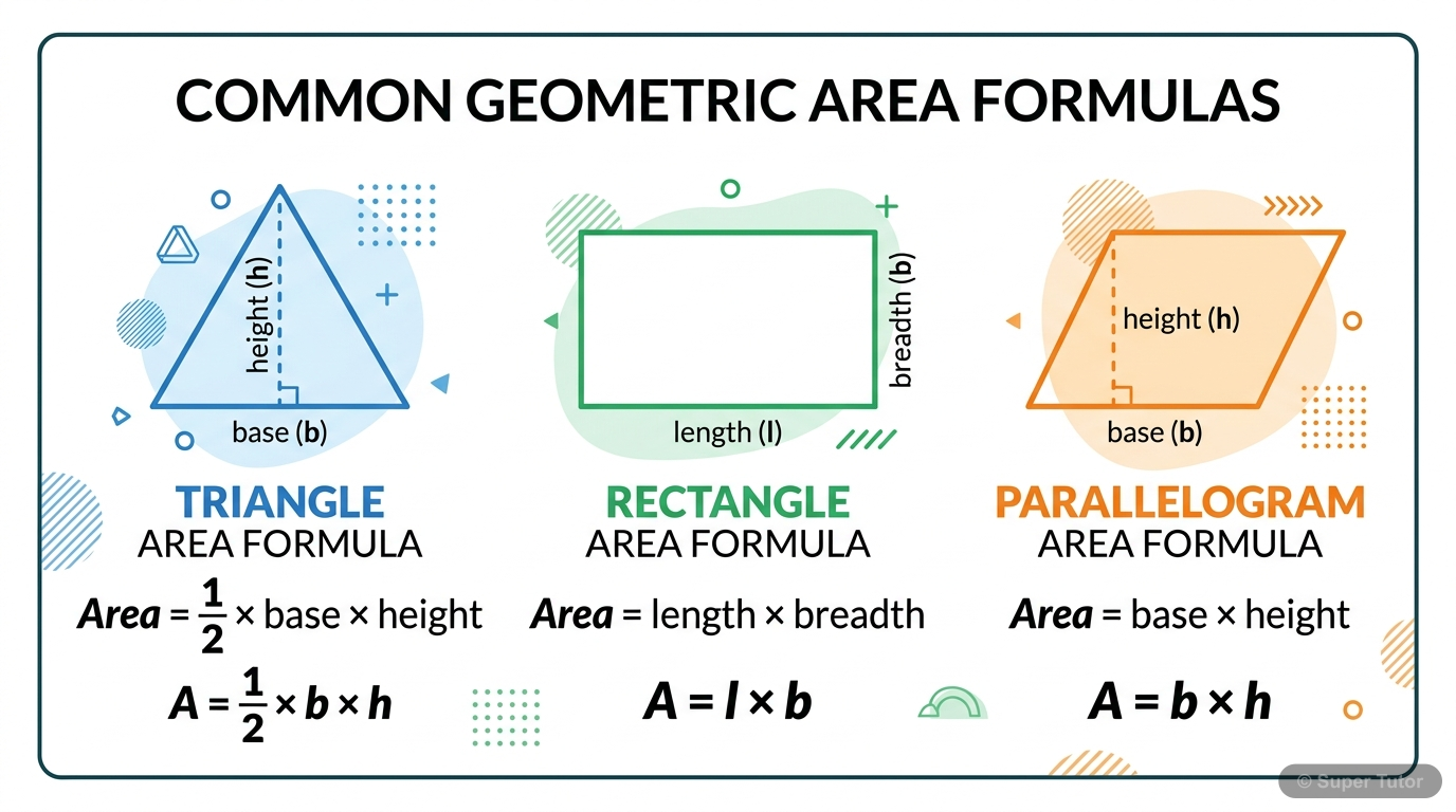 An infographic showing the basic area formulas for a triangle, rectangle, and parallelogram, as a refresher before introducing area theorems.