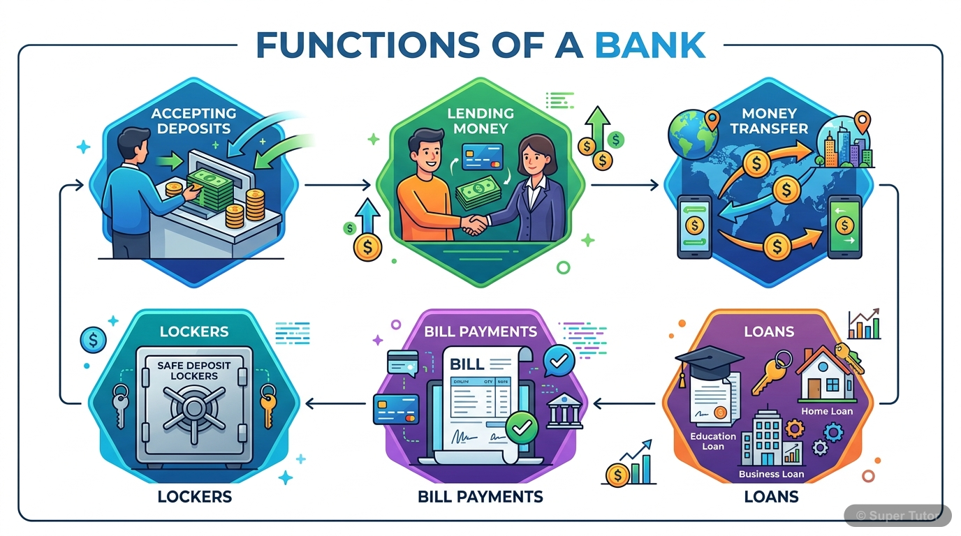 An infographic illustrating the various functions performed by a bank, such as accepting deposits, lending money, transferring funds, providing lockers, and facilitating bill payments.