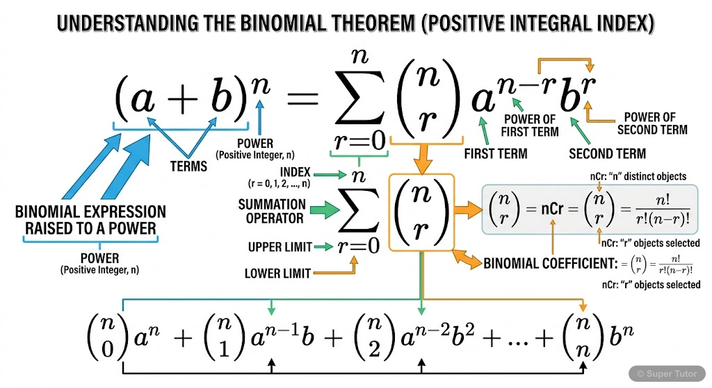 A labeled diagram illustrating the general formula for the binomial expansion of (a+b)^n, showing the summation notation, individual terms, and the role of binomial coefficients.