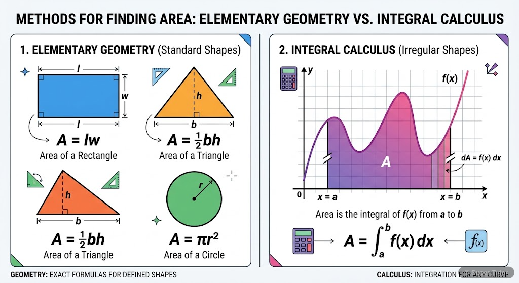 A comparison showing how elementary geometry can calculate areas of regular shapes (rectangle, triangle, circle) using fixed formulae, but is inadequate for irregular, curved shapes, which require the