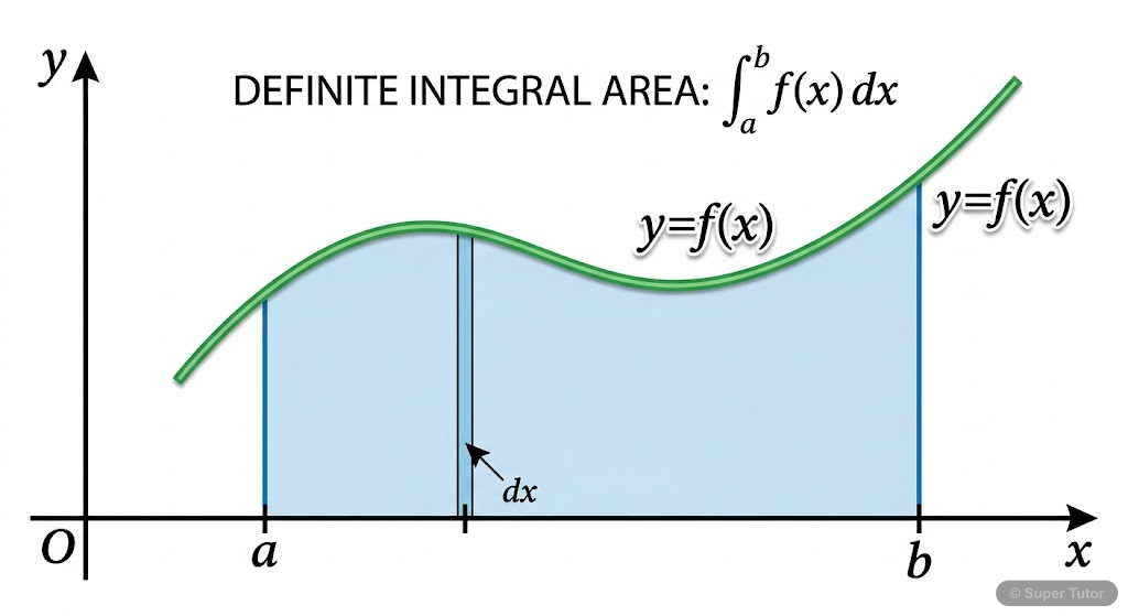 A graph showing a continuous function f(x) above the x-axis, bounded by vertical lines x=a and x=b. The region between the curve, the x-axis, and the lines x=a and x=b is shaded to represent the area 