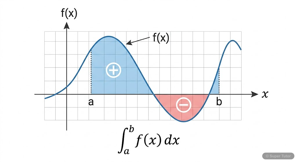 A graph illustrating the concept of a definite integral as the net signed area between a curve f(x) and the x-axis over a closed interval [a, b]. Areas above the x-axis are positive, and areas below a