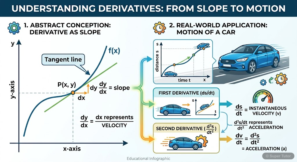 An infographic explaining the concept of a derivative as the instantaneous rate of change of one quantity with respect to another, using a simple example like distance vs. time.